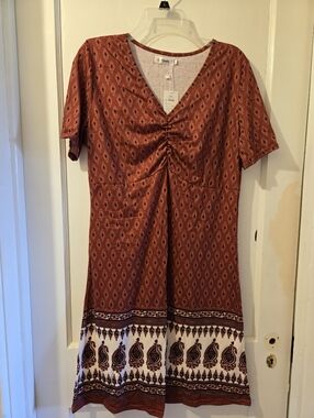 Rust Paisley Midi Dress with Ruched Front